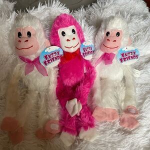 *NWT* (3) Fuzzy Friends Monkeys w/ Velcro Hands: (2) White (1) Hot Pink